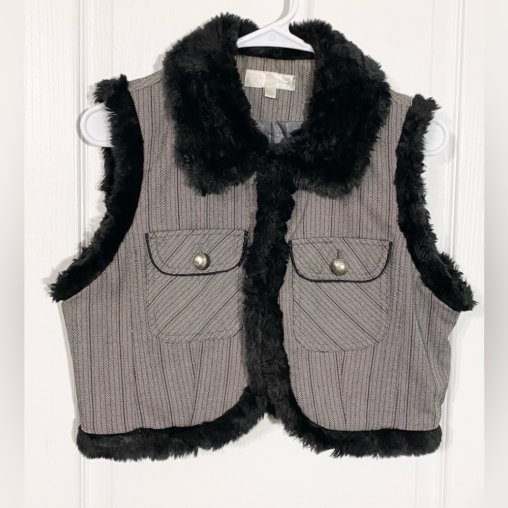 Y2K Etam Faux Fur Trim Cropped Herringbone Vest Black White Sz FR 175/92A / US 8